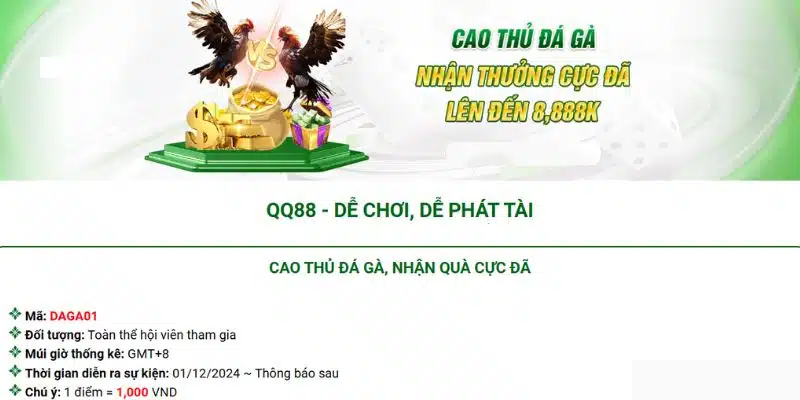 Khuyến mãi QQ88 - Cao thủ đá gà nhận thưởng lên đến 8,888K