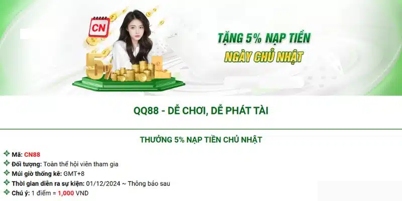 Tặng thưởng 5% vào chủ nhật